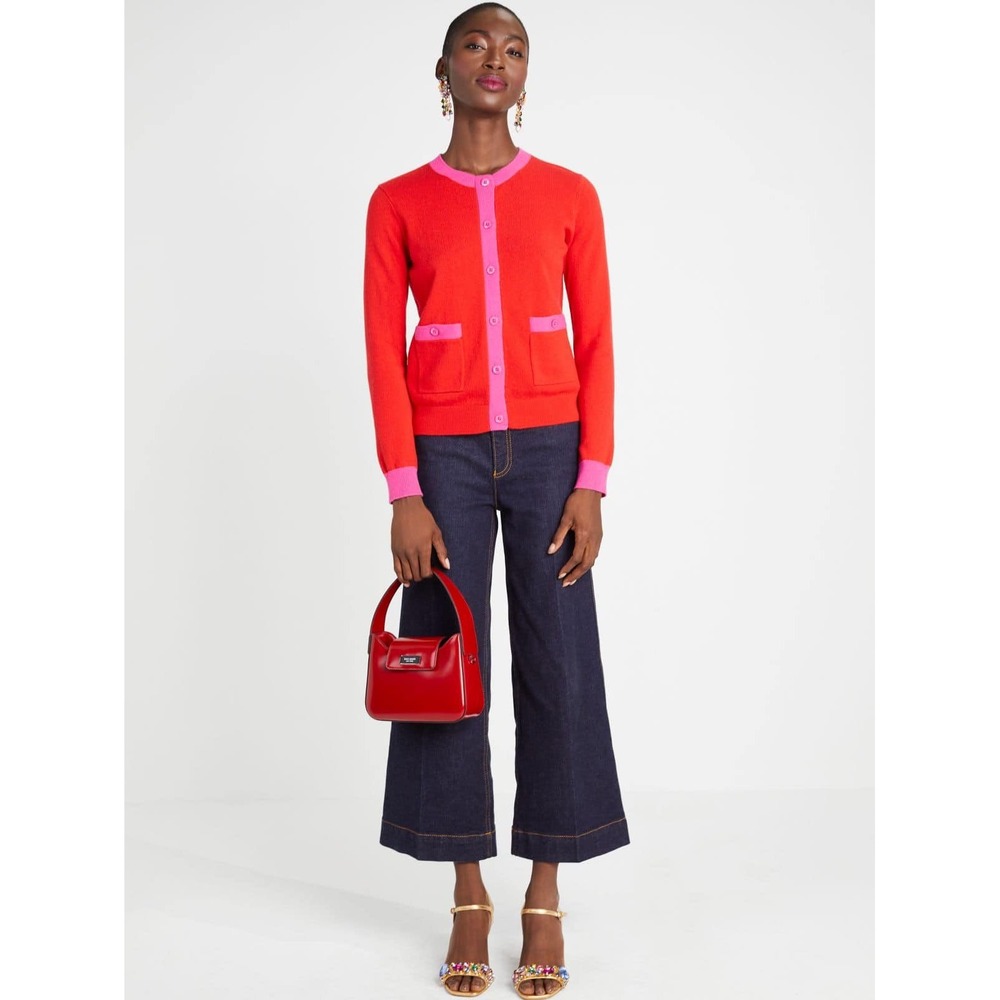 Kate Spade Colorblock Cashmere Gallery Cardigan Red Pink KA429 Medium - Picture 4 of 12